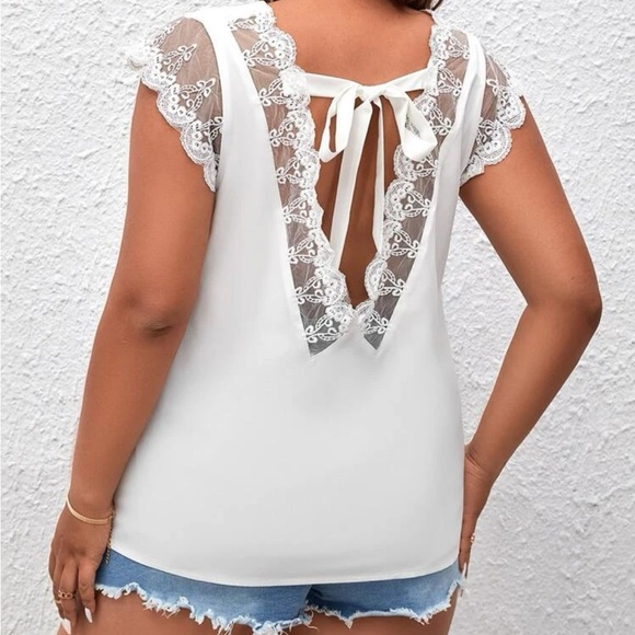 Boho Plus Size Lace Back Tie Back Top Blouse Shirt - Picture 5 of 6
